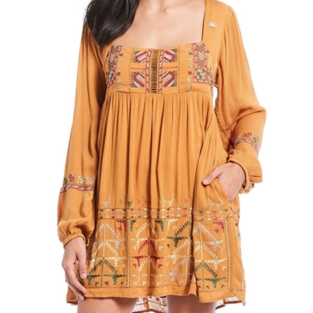 Free People Mustard Rhiannon Embroidered Dress